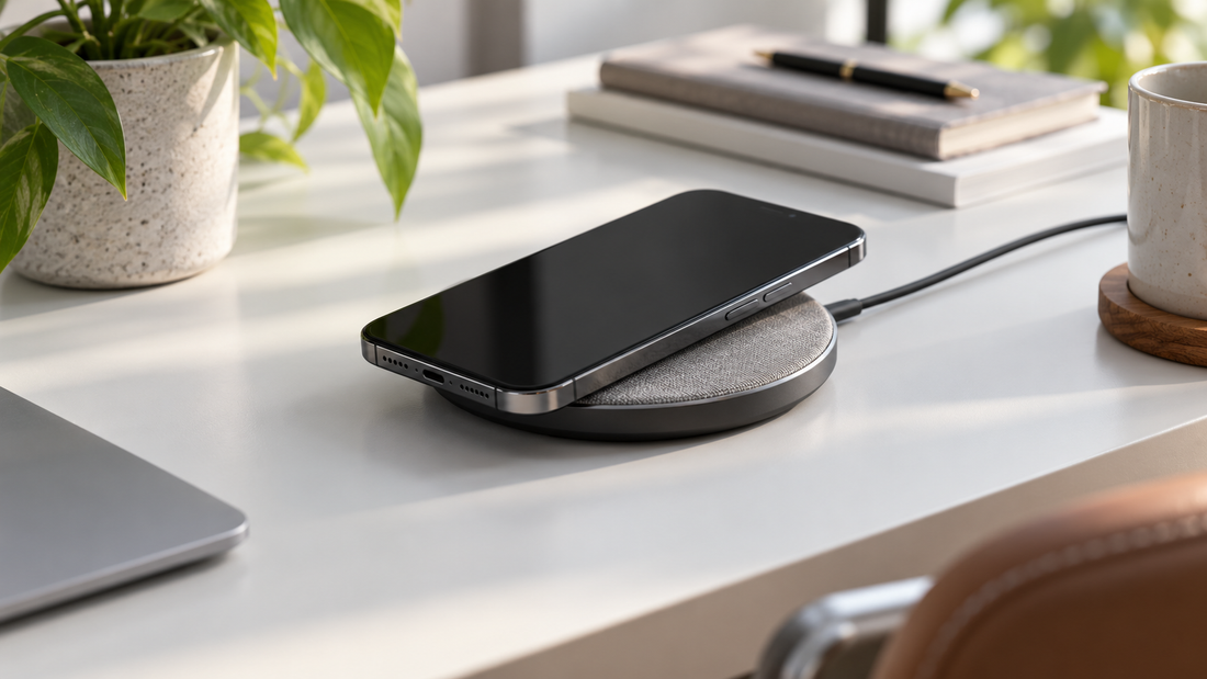 Wireless phone charger with a generic smartphone on a clean desk