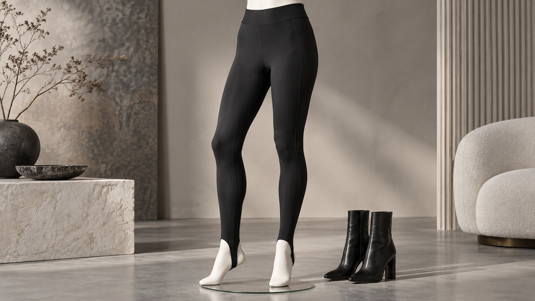 Black stirrup leggings displayed with ankle boots in a modern studio