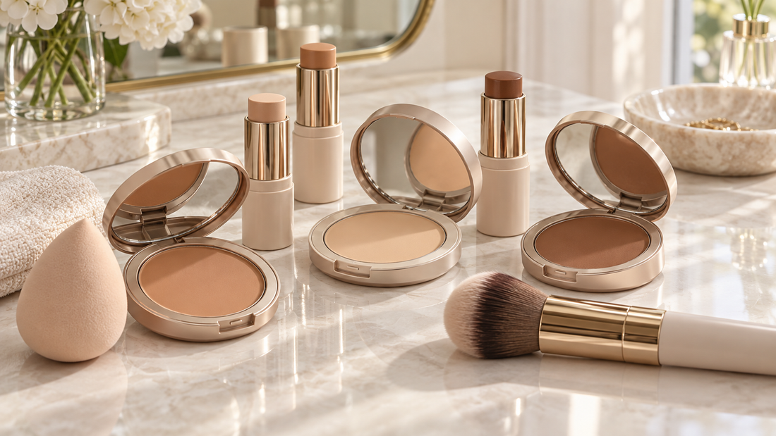 Unbranded cream foundations in varied shades on a clean vanity