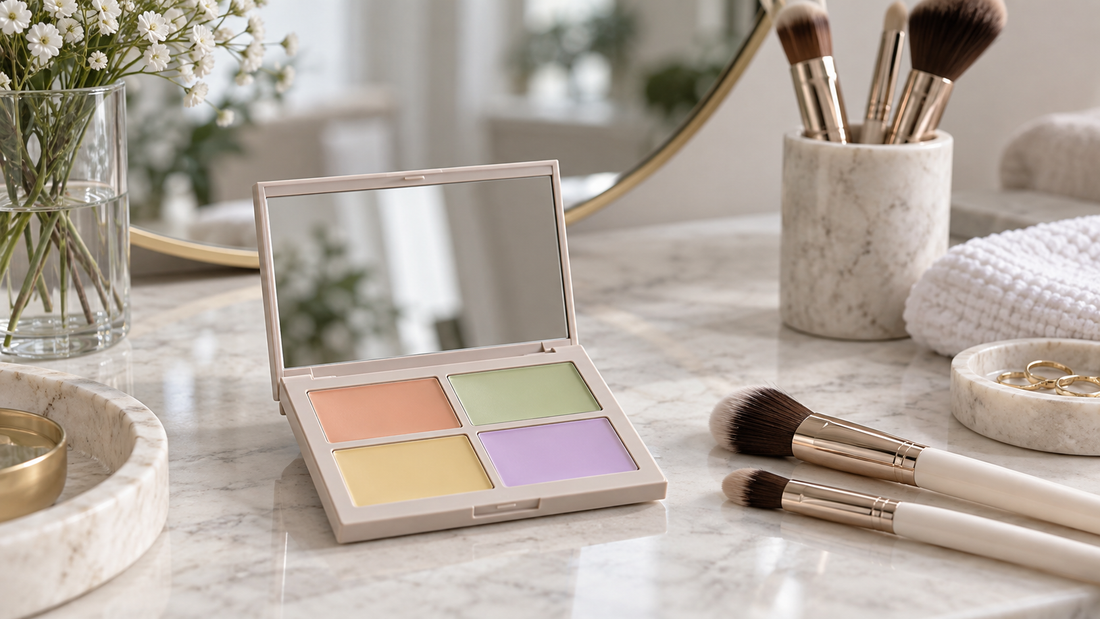 Color corrector palette and clean brushes on a hygienic vanity