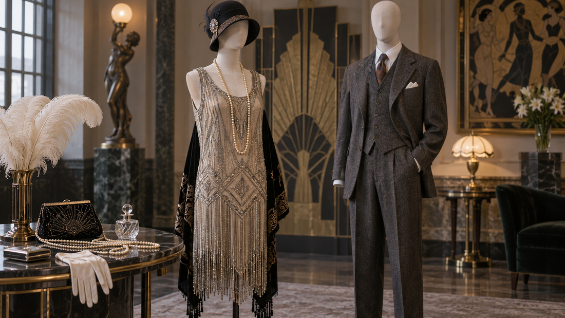 Editorial view illustrating 1920s fashion in a clean, realistic setting with no text or branding