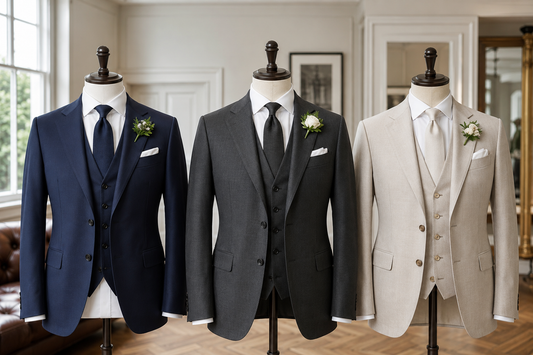 Men's wedding suits in navy charcoal and beige