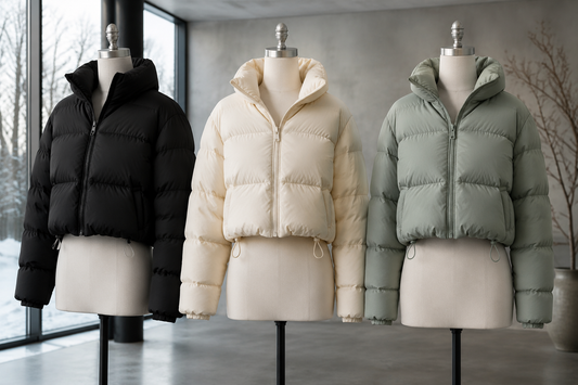 Cropped puffer jackets in black cream and sage