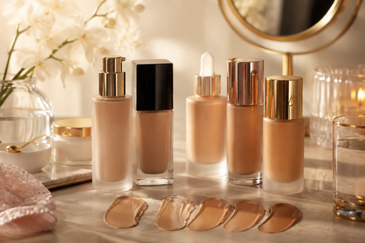 Unbranded foundations with inclusive skin-tone swatches