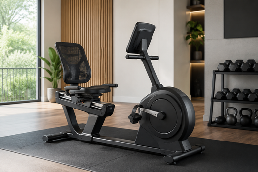 Recumbent exercise bike in a modern home gym