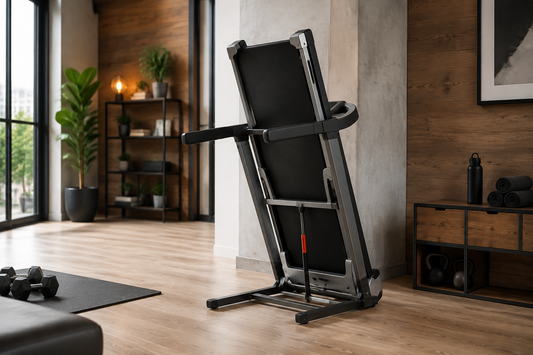 Compact folding treadmill stored upright