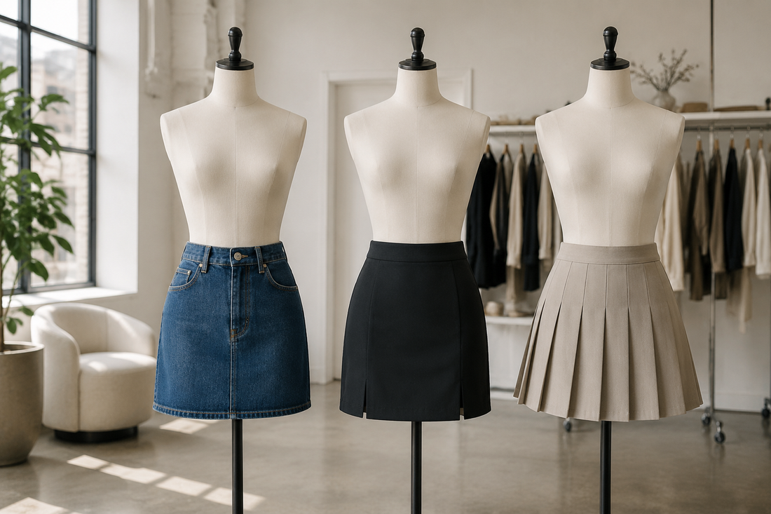 Mini skirts in denim tailored and pleated styles