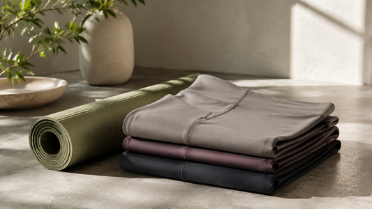 Women's yoga pants arranged beside a yoga mat in a sunlit studio