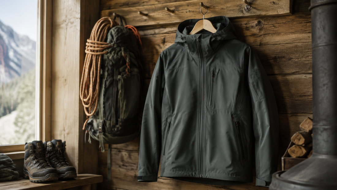 Generic men's technical outdoor jacket displayed with hiking gear