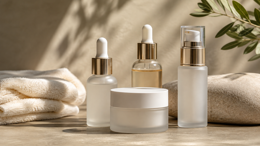 Unbranded skincare bottles and moisturizer in a clean editorial still life
