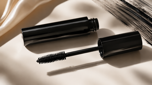 Unbranded tubing mascara wand and tube on an ivory surface