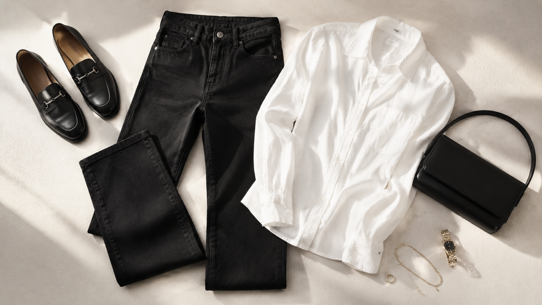 Women's black jeans styled with a white shirt and loafers