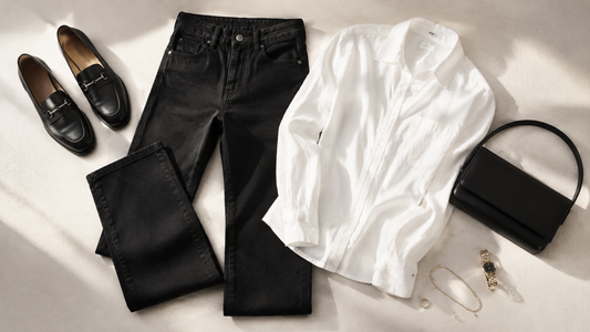 Women's black jeans styled with a white shirt and loafers