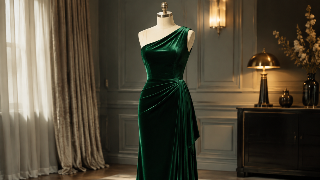 Green velvet evening dress displayed in a softly lit interior