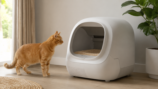 Modern self-cleaning cat litter box in a tasteful home setting
