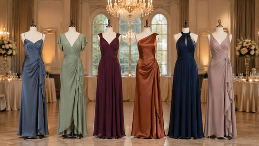 Elegant wedding guest dresses displayed in a refined venue