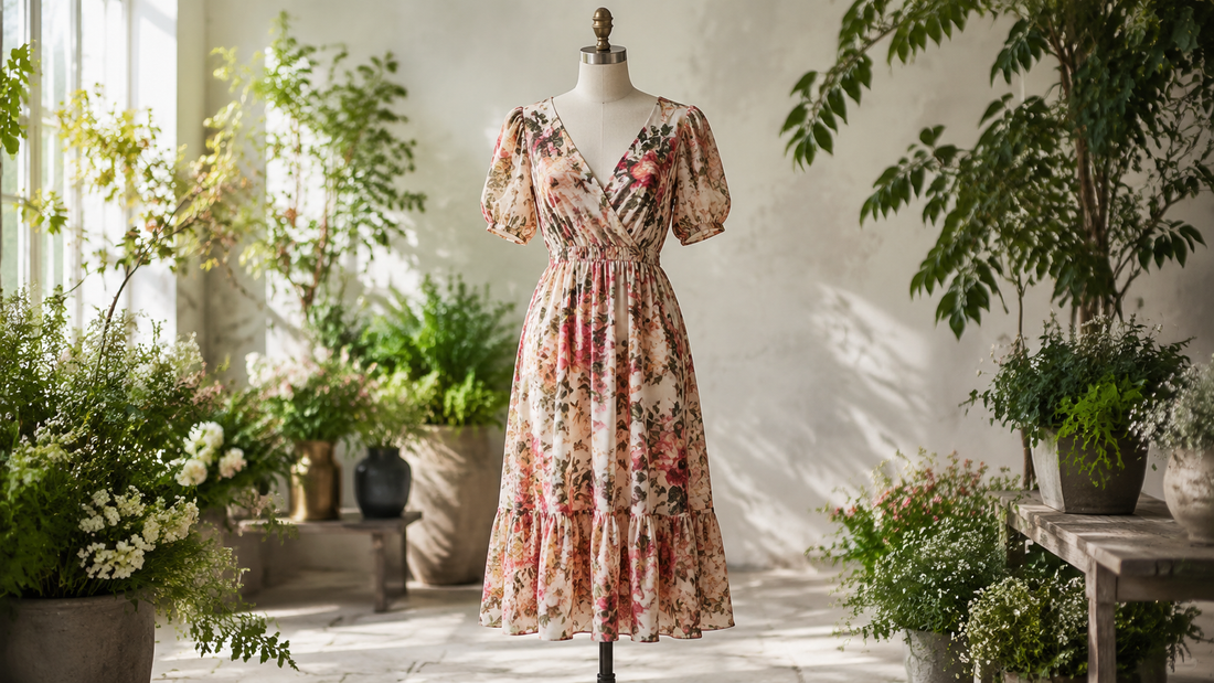Floral midi dress displayed in a sunlit garden-inspired studio
