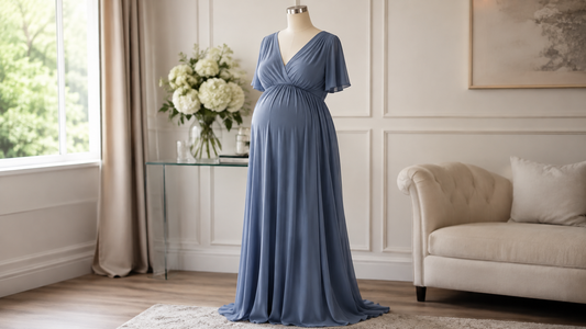 Comfortable maternity wedding guest dress in a sophisticated interior