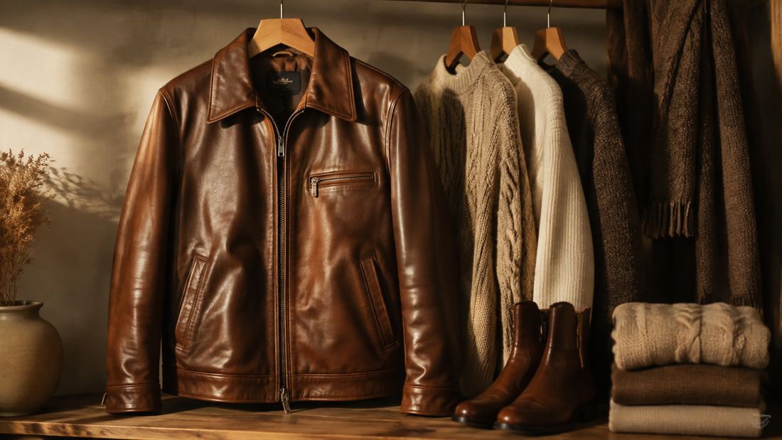 Brown leather jacket styled with neutral knitwear and boots