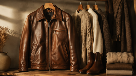 Brown leather jacket styled with neutral knitwear and boots