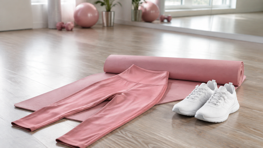 Pink leggings arranged with a yoga mat and white trainers