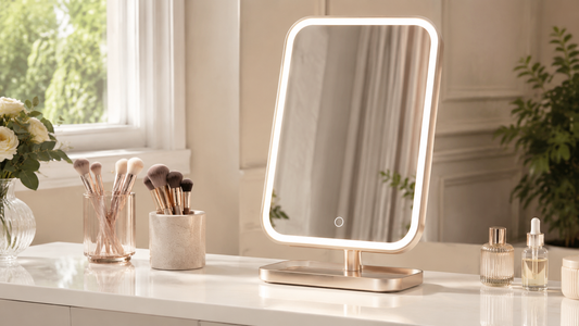 Illuminated makeup mirror on a clean vanity in natural light