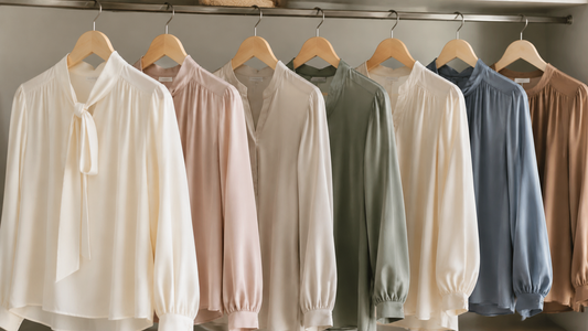Women's blouses in varied fabrics displayed on simple hangers