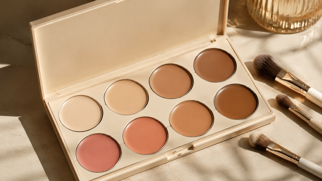 Unbranded cream makeup palette and brushes in an editorial still life