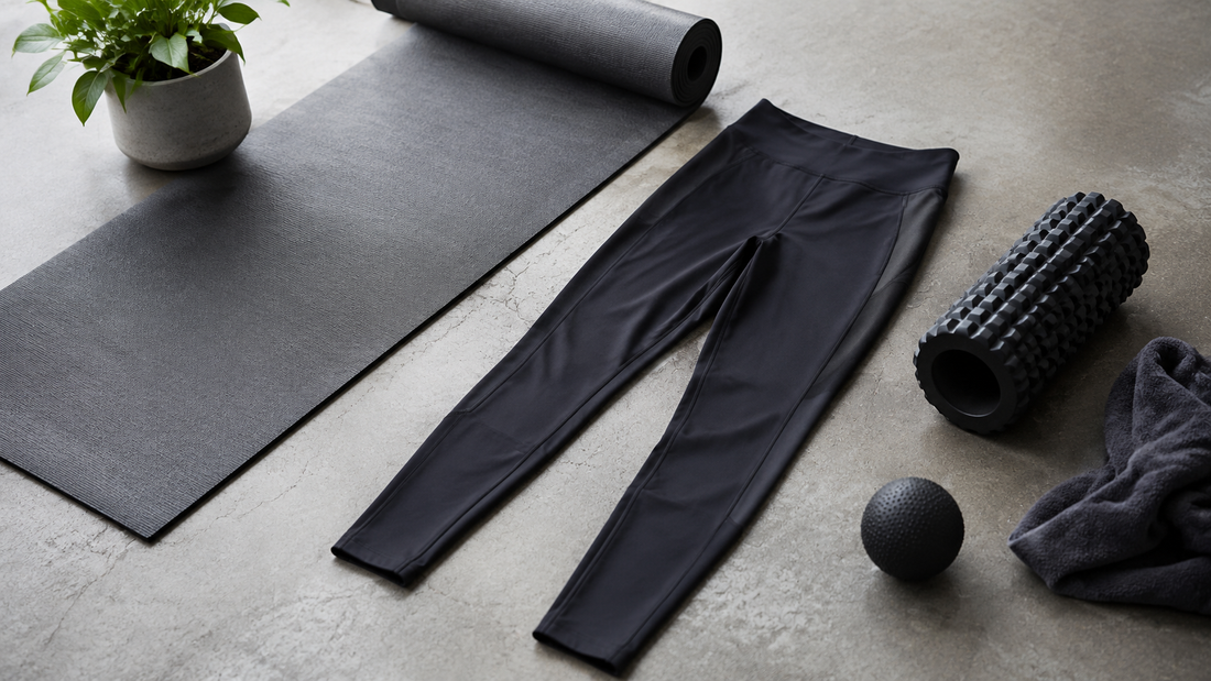 Compression leggings arranged with fitness and recovery accessories