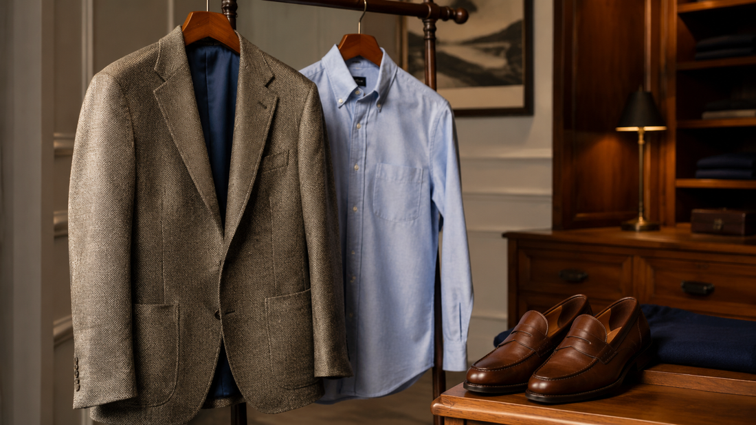 Men's textured sport coat styled with a shirt and loafers