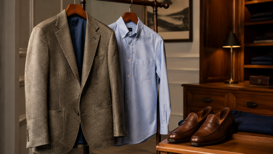 Men's textured sport coat styled with a shirt and loafers