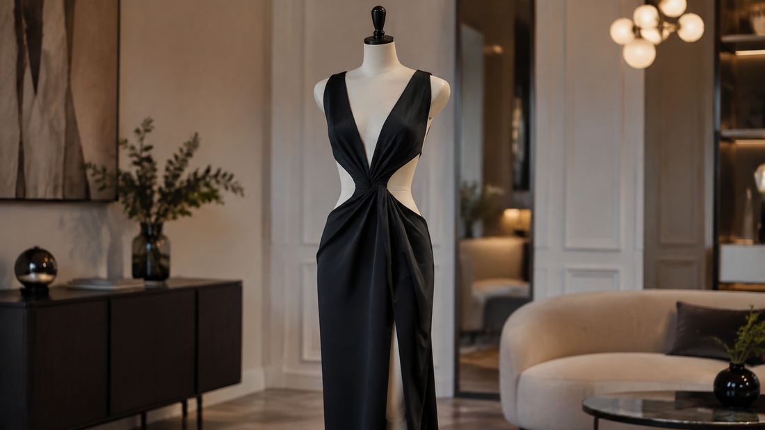 Tasteful cut-out evening dress displayed in a modern interior