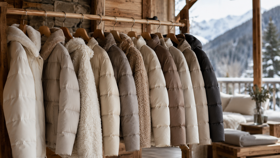 Women's winter jackets displayed in a bright alpine lodge