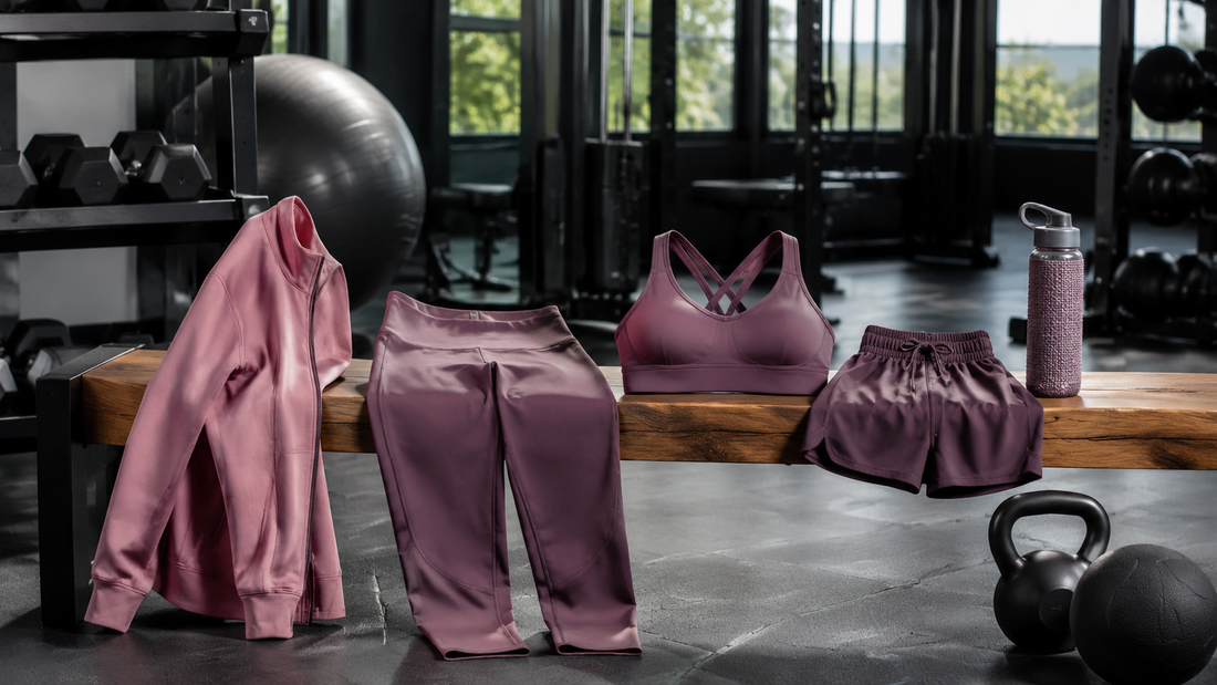 Women's workout clothes arranged in a modern gym