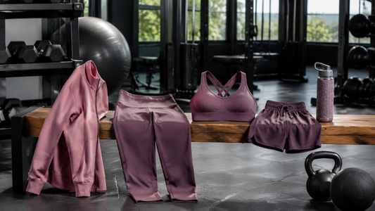 Women's workout clothes arranged in a modern gym
