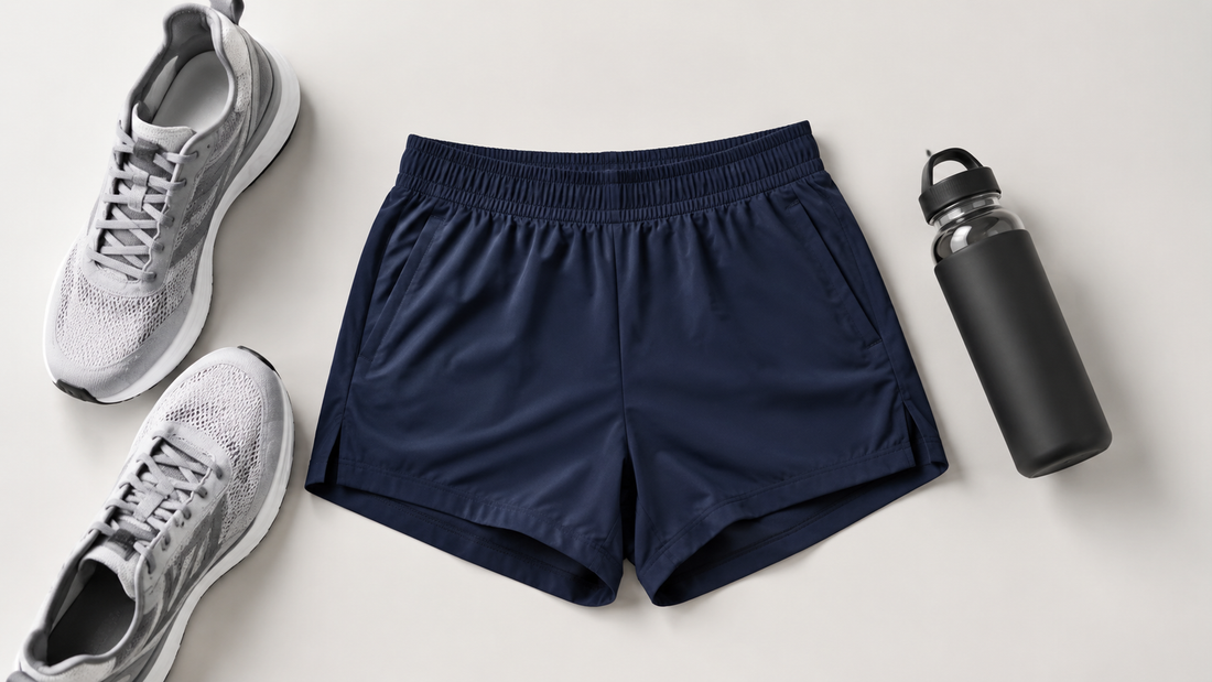 Five-inch inseam athletic shorts styled with running gear