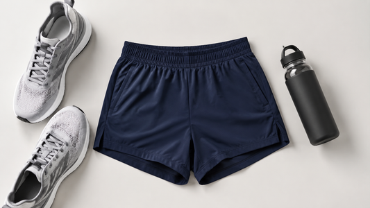 Five-inch inseam athletic shorts styled with running gear