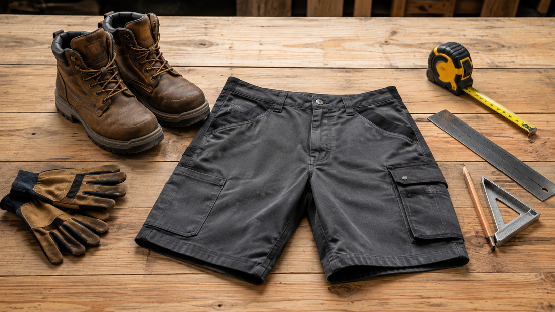 Durable work shorts arranged with boots and practical tools