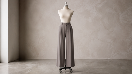 Women's wide-leg trousers displayed in a refined studio