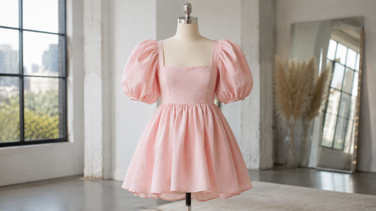 Modern babydoll dress displayed in a bright fashion studio