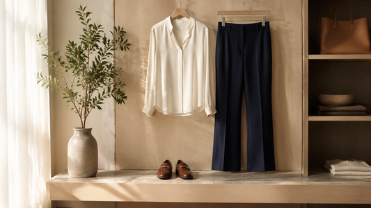 Women's tailored dress pants styled with a blouse and loafers