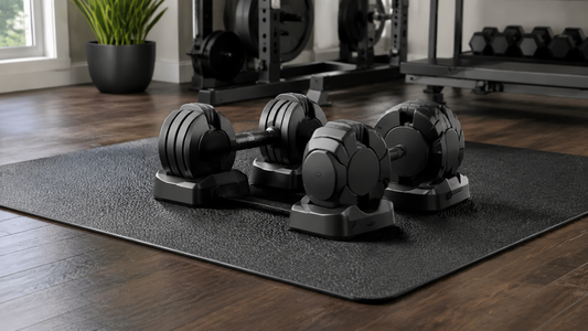 Adjustable dumbbells arranged in a modern home gym