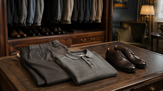 Men's tailored trousers styled with a knit polo and leather shoes