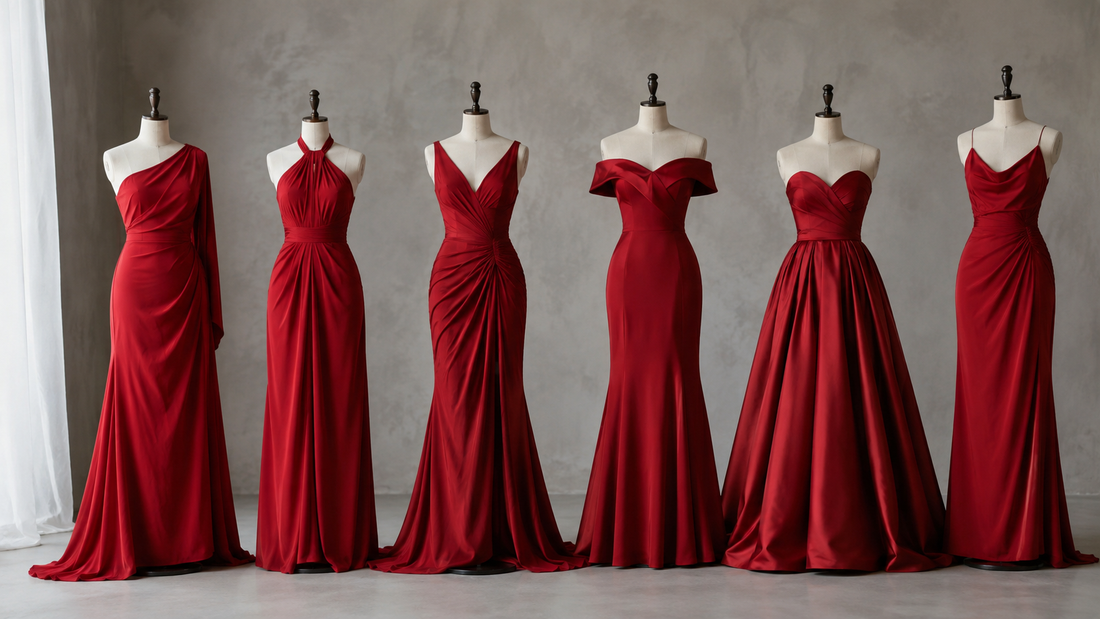 Elegant red dresses displayed in a sophisticated studio