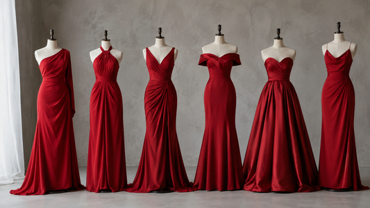 Elegant red dresses displayed in a sophisticated studio
