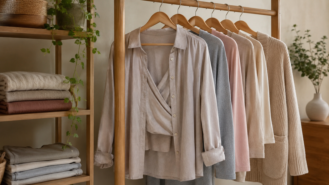 Comfortable nursing clothes arranged in a calm home wardrobe