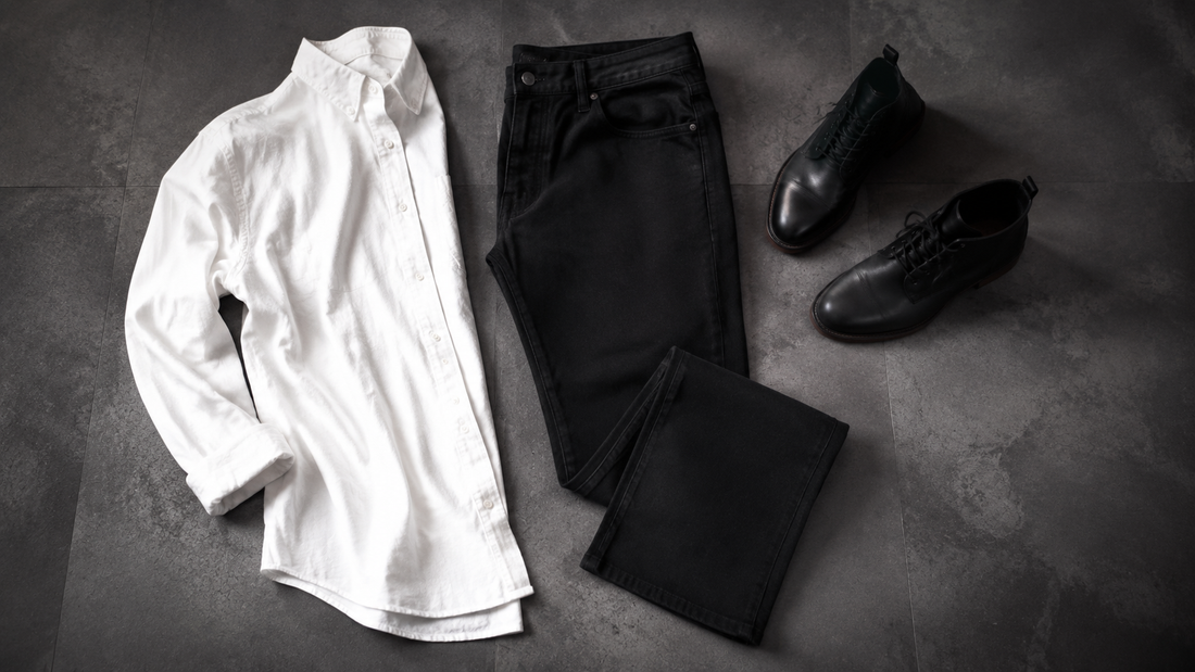 Men's black jeans styled with a white shirt and boots