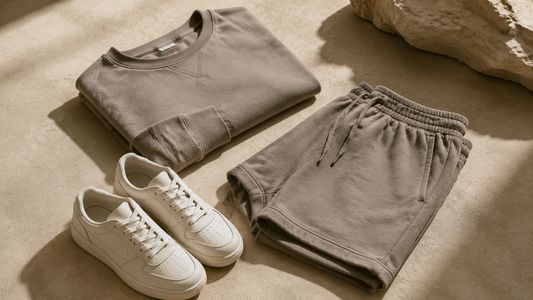 Neutral sweat shorts styled with a sweatshirt and trainers