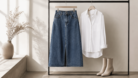 Blue jean skirt styled with a white shirt and ankle boots