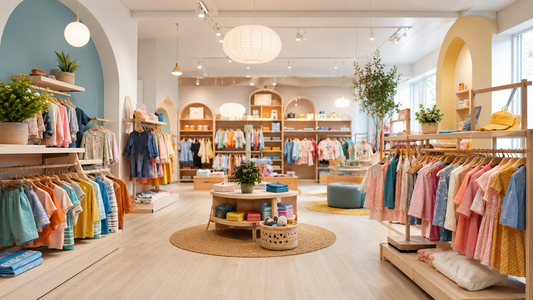 Organized racks inside a bright modern kids clothing store